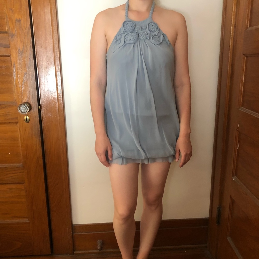 BCBGMAXAZRIA Dusty Blue Silk Chiffon Mini Dress